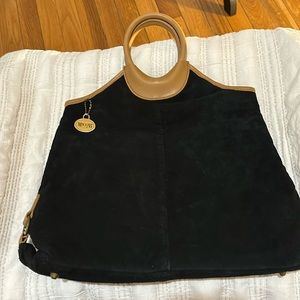 MaggiB black suede tote bag/handbag. Vinyl trim. Magnetic closure.,